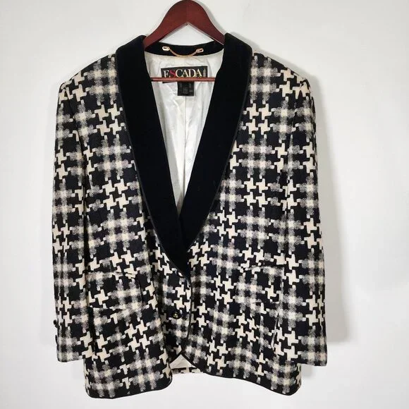 Vintage Escada Plaid Houndstooth Blazer Velvet Collar Classic Wool Sz 42 - Picture 1 of 15